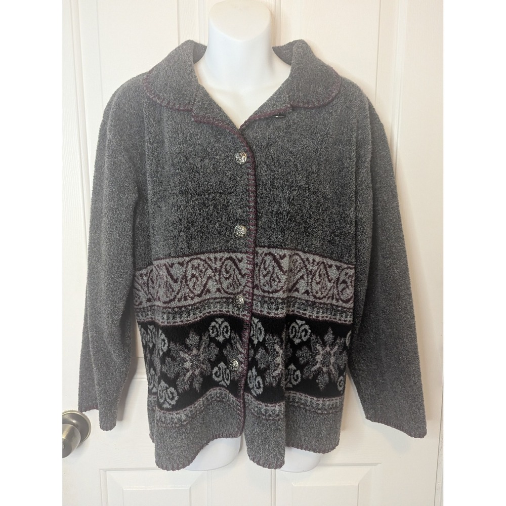 Straight Down Gray Nordic Fair Isle Fleece Button Cardigan Jacket W615 Size M